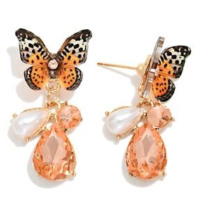 Butterfly Drop Earrings with Peach Crystals and Pearl Accents